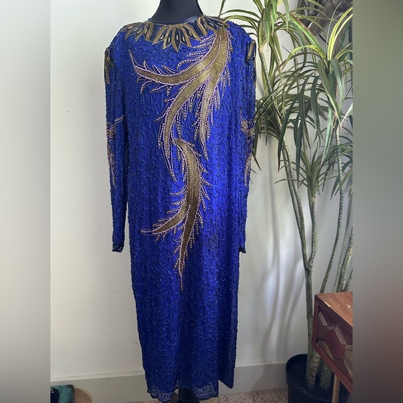 Vintage hand beaded, silk midi gown, blue purple palm design - Picture 1 of 9